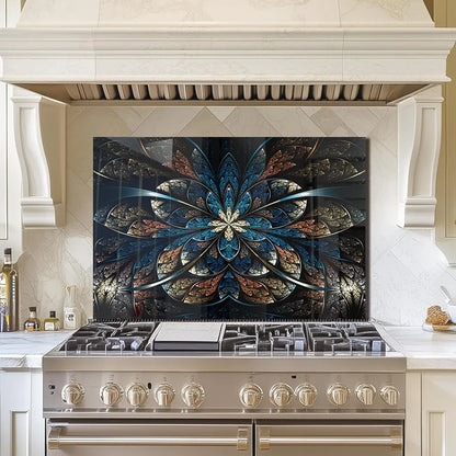 Abstract fractal flower stove back top cover on luxury kitchen range with marble backdrop
