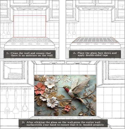 3D Hummingbird Tempered Glass Kitchen Backsplash Installation Guide: Clean Wall, Apply Tape, Press Firmly