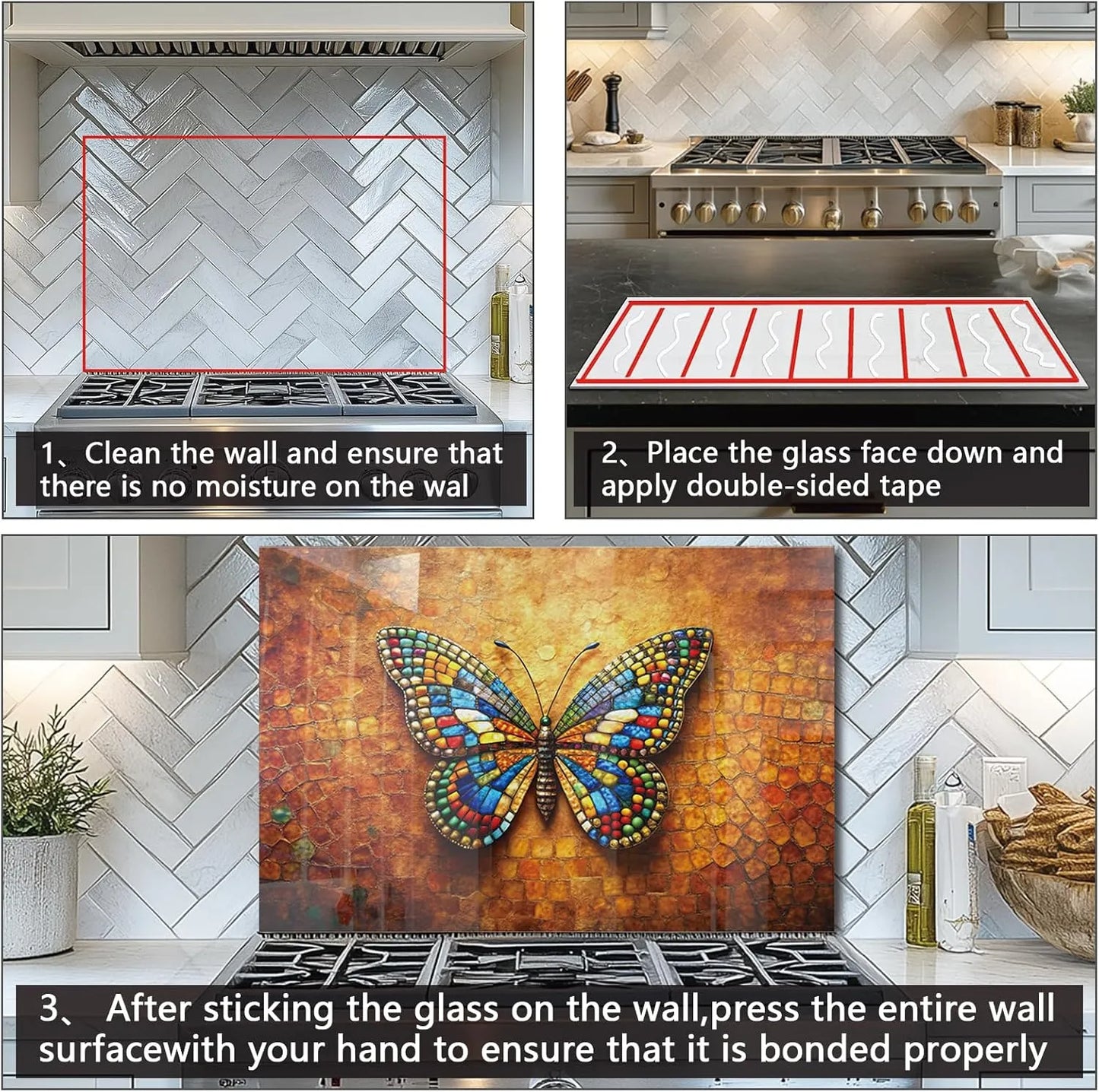 Installation Steps for Tempered Glass 3D Butterfly Stove Backsplash Top Cover - Clean Wall, Apply Tape, Press Firmly