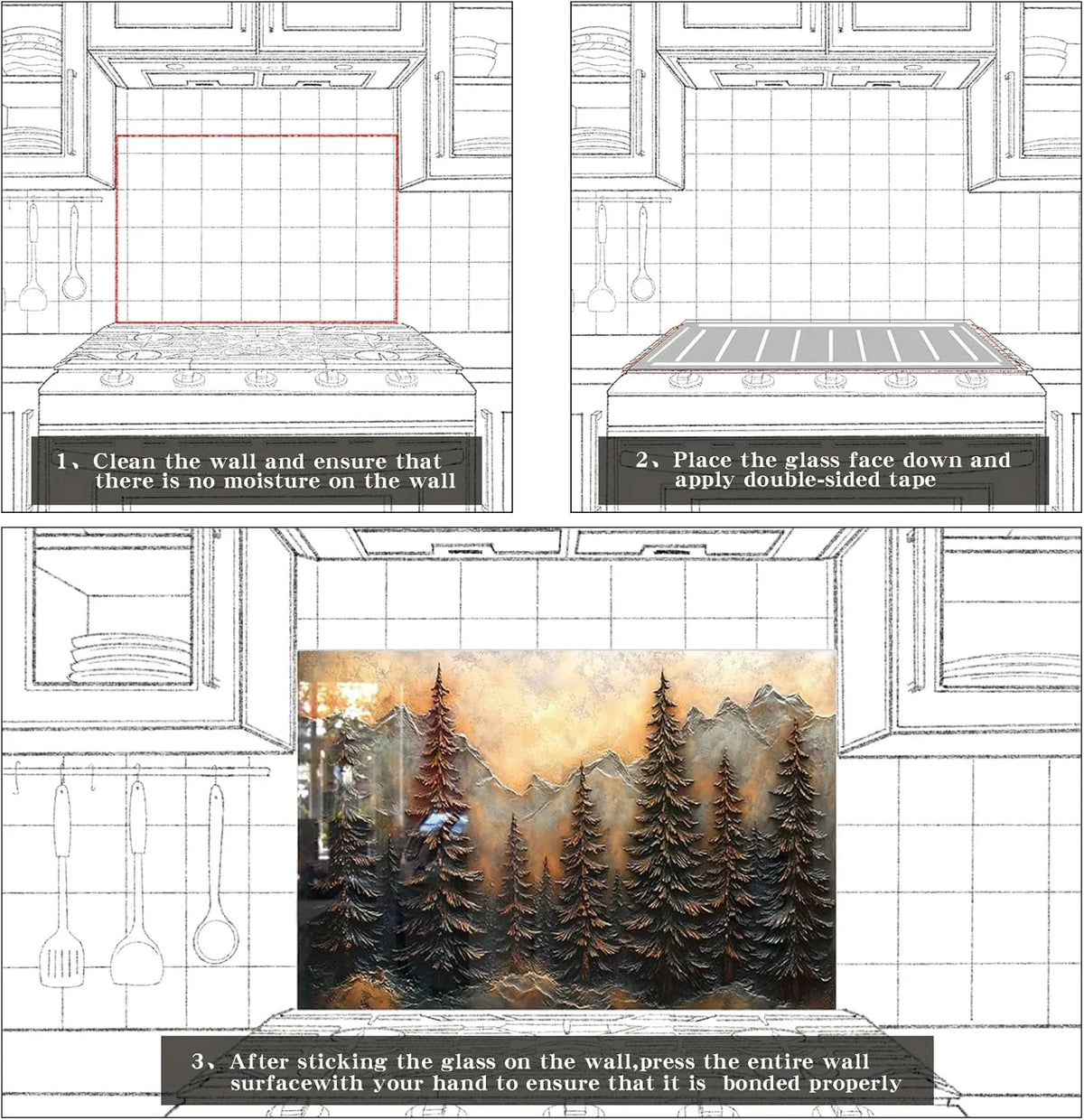 Installation guide for tempered glass 3D pine forest kitchen backsplash