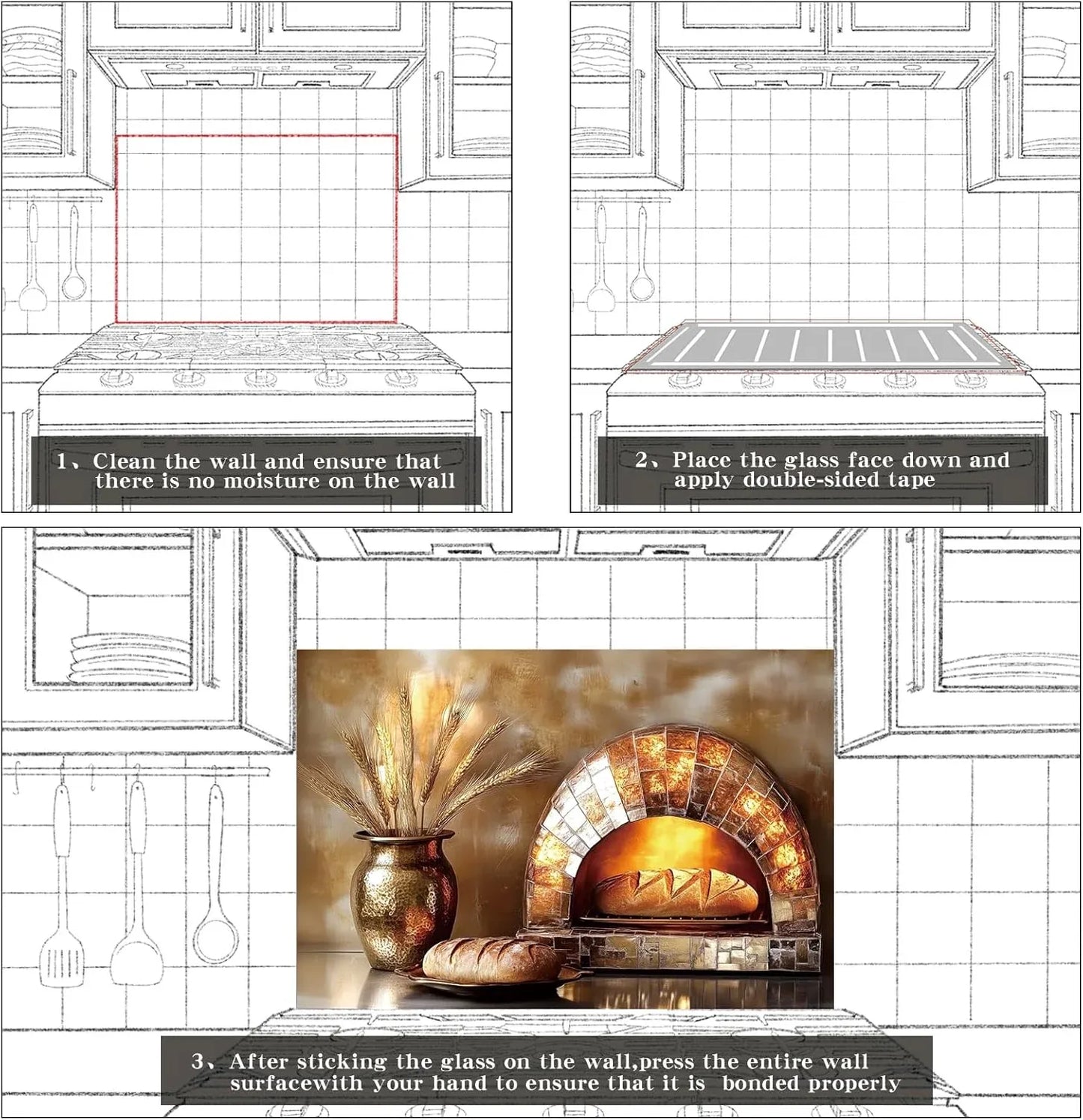 Bread oven kitchen sink cover splash guard installation steps: clean wall, apply tape, press firmly