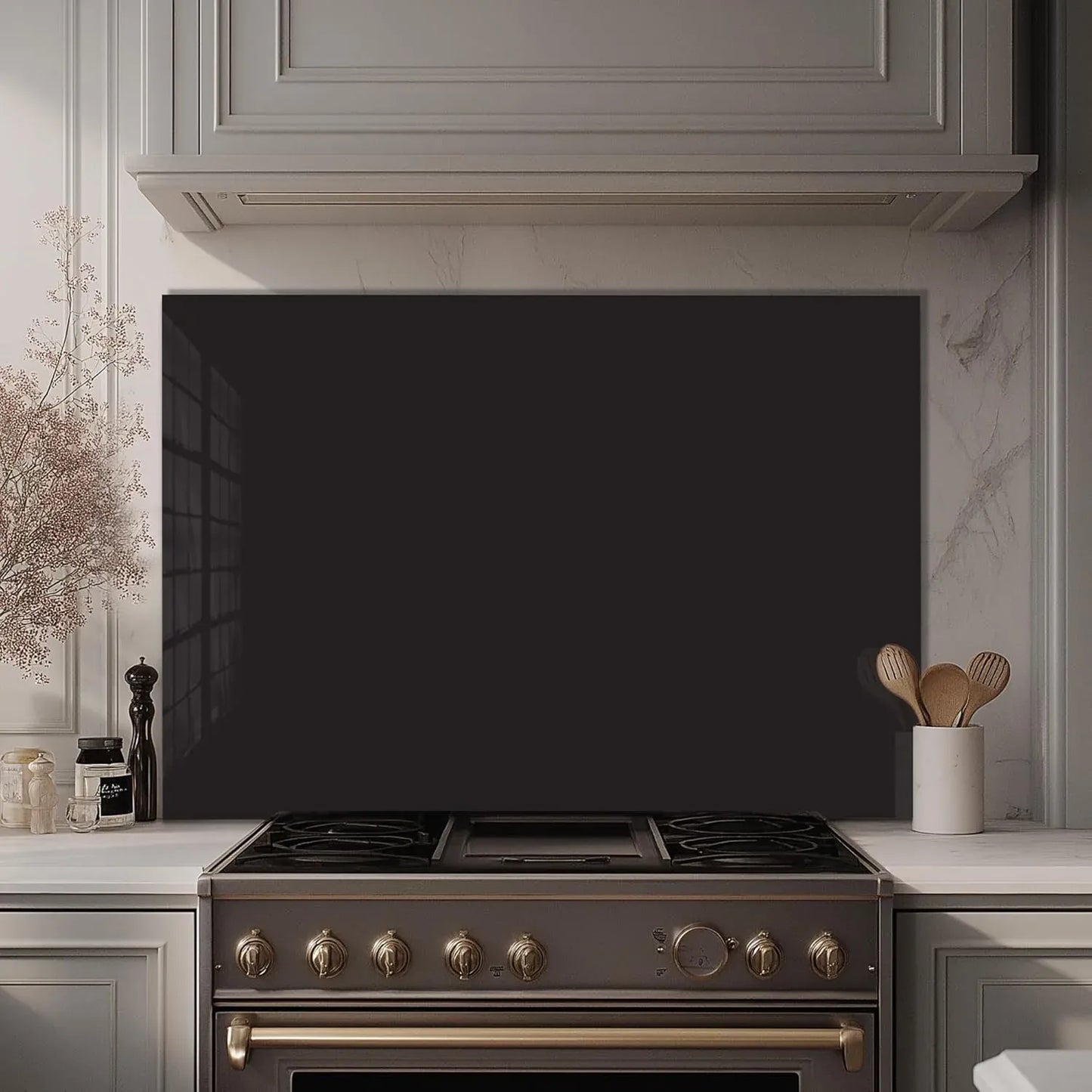 Black tempered glass kitchen backsplash in elegant kitchen with marble walls and light cabinets