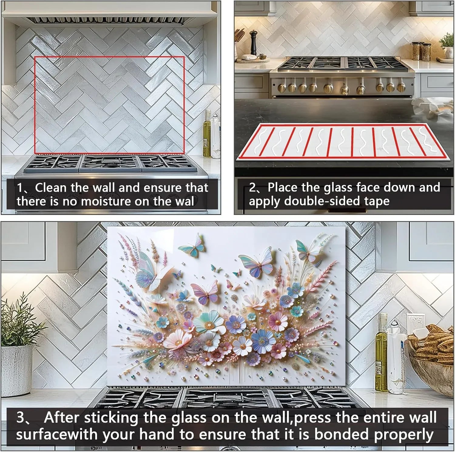 3D Butterfly Flower Tempered Glass Backsplash Installation Instructions