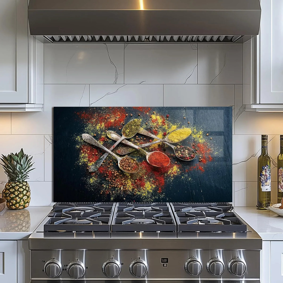 Spice Tempered Glass Kitchen Backsplash Above Stove - Vibrant Spices and Spoons Design