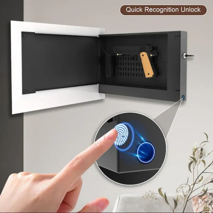 Glass American Flag Gun Storage Cabinet with Fingerprint Unlock and Open Door Displaying Gun Storage