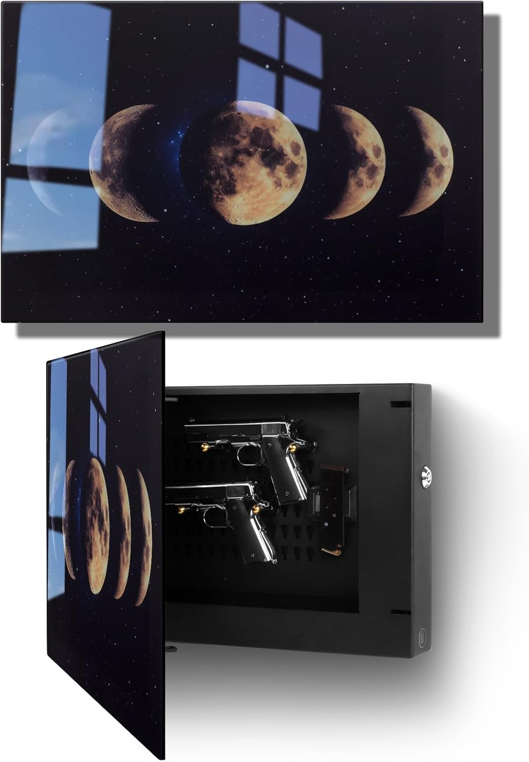 Glass Moon Gun Storage Cabinet with moon phases design, open to display internal gun storage