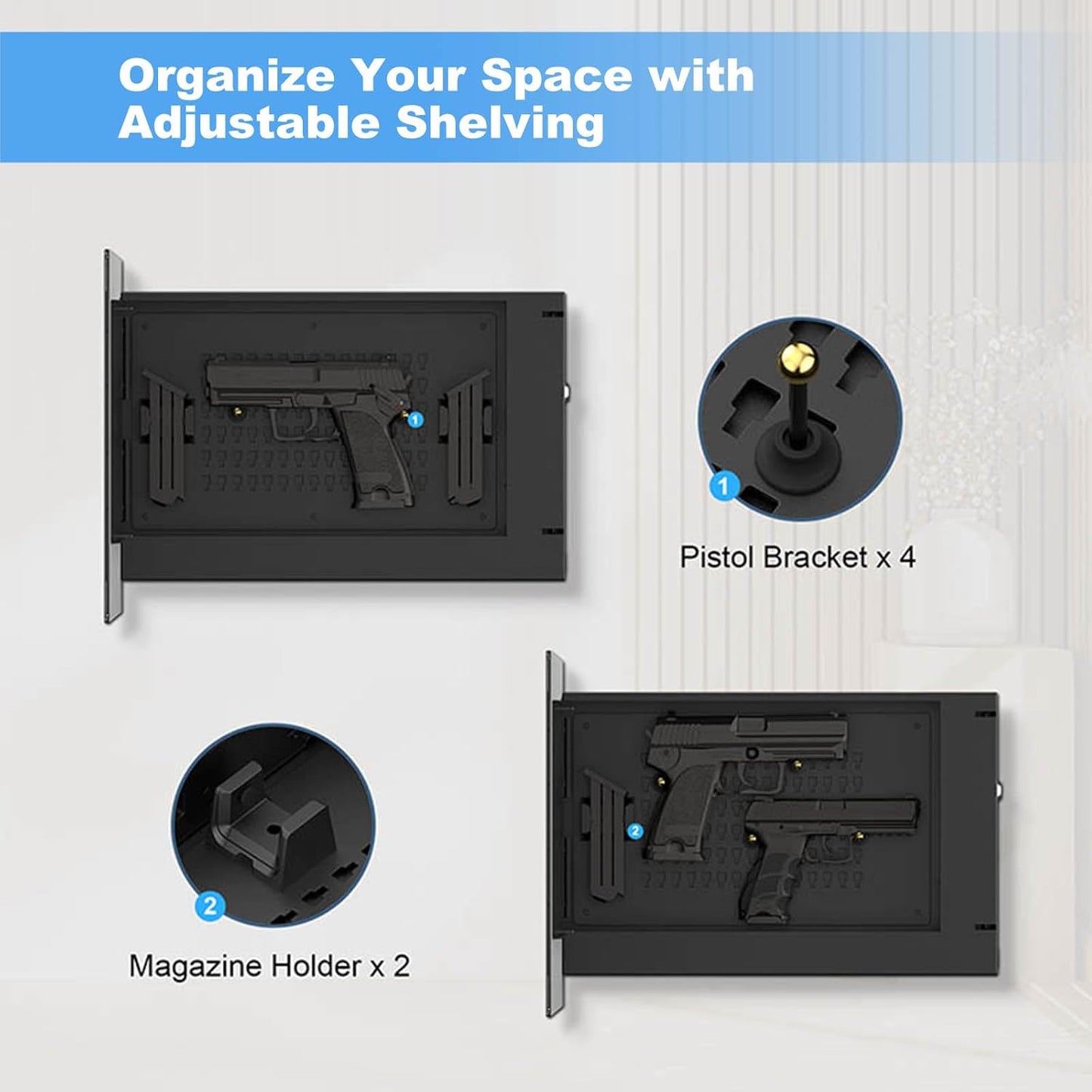 Modern Tree of Life Tempered Glass Handgun Safe - adjustable shelving, pistol brackets, magazine holders interior