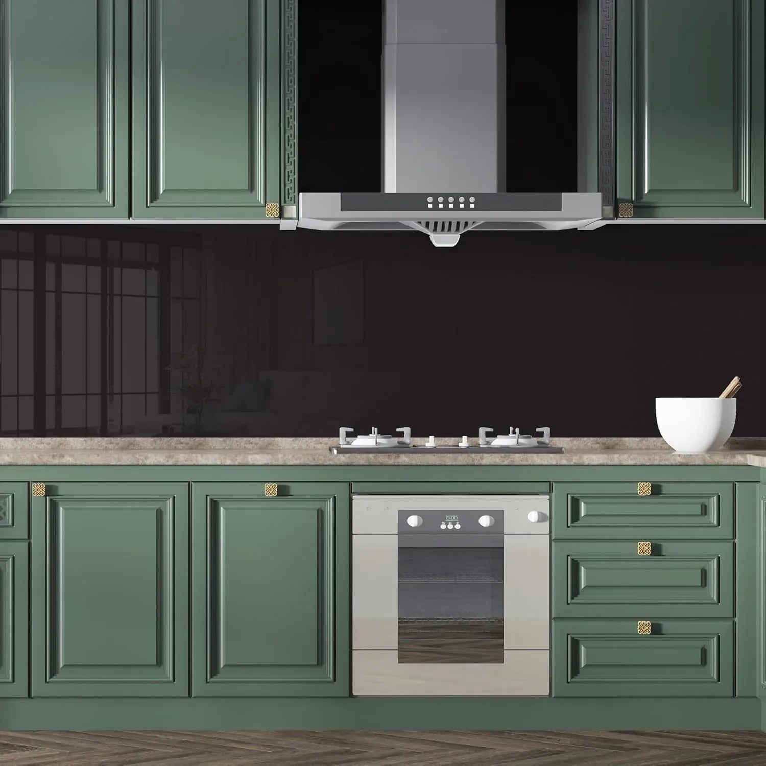 Black tempered glass kitchen backsplash in green cabinetry setup