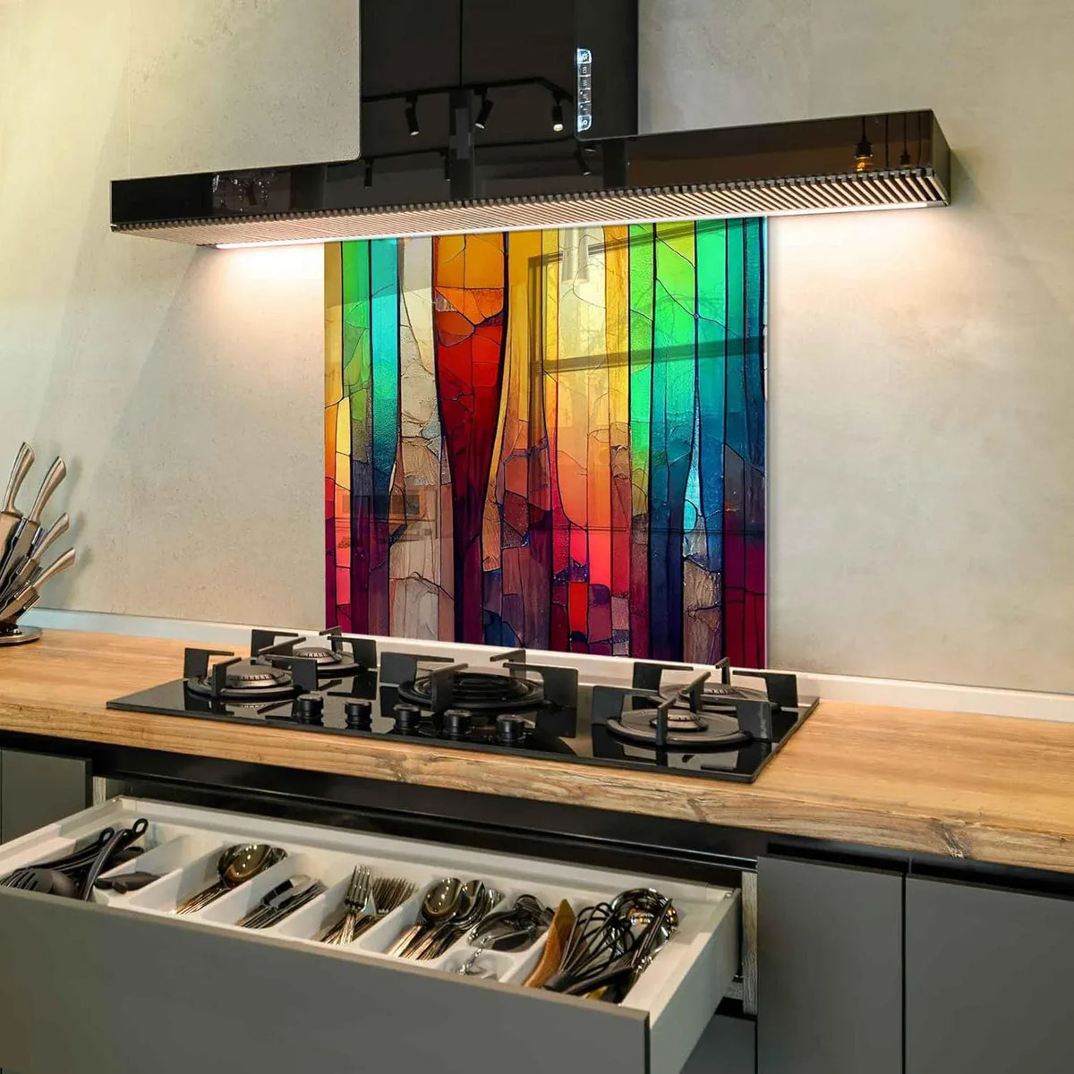 Colorful tempered glass kitchen backsplash with abstract pattern in modern kitchen setting