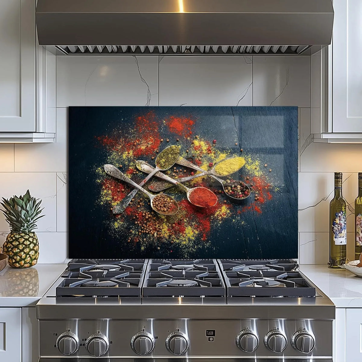 Spice Tempered Glass Kitchen Backsplash Over Stove - Colorful Spices and Spoons Pattern