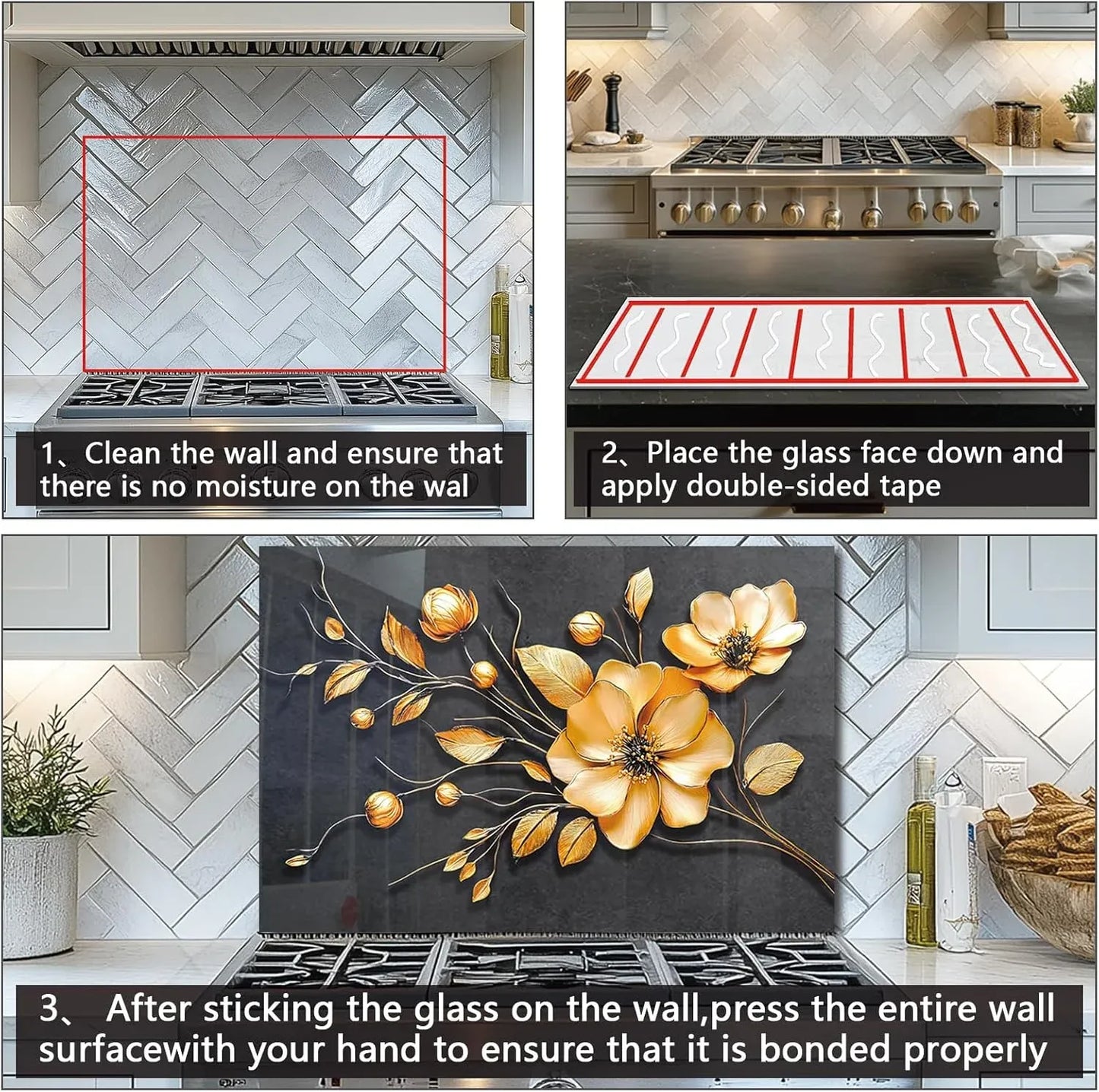 Installation steps for tempered glass backsplash: clean wall, apply double-sided tape, press firmly
