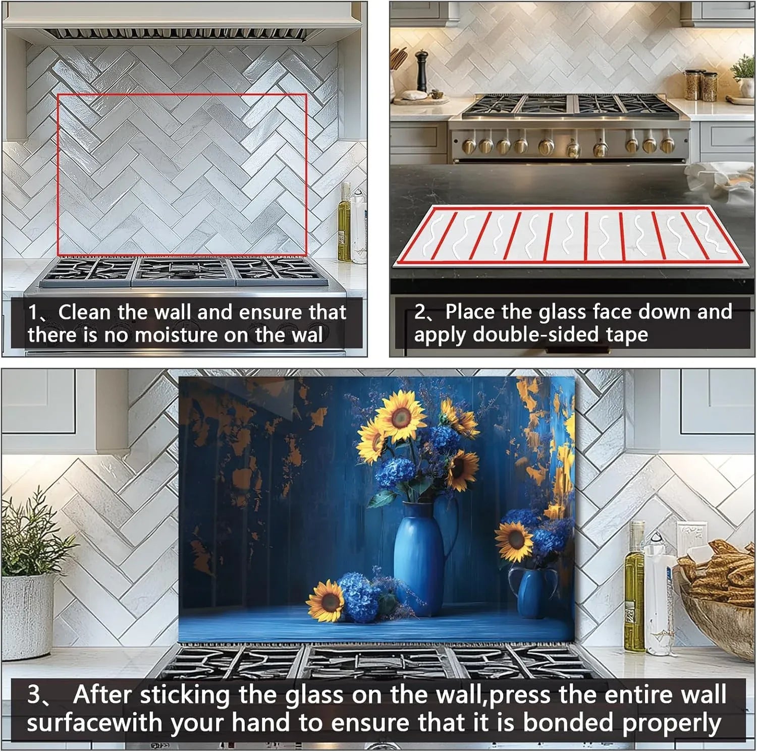Installation guide for tempered glass backsplash, easy apply with double - sided tape