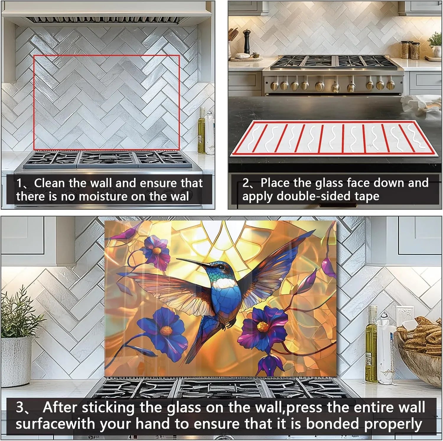 Hummingbird Stove Back Top Cover Installation Steps Clean Wall Apply Double-Sided Tape Press Firmly