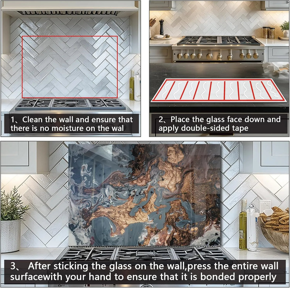 Step-by-step installation for tempered glass stove back cover: clean wall, apply double-sided tape, press firmly.