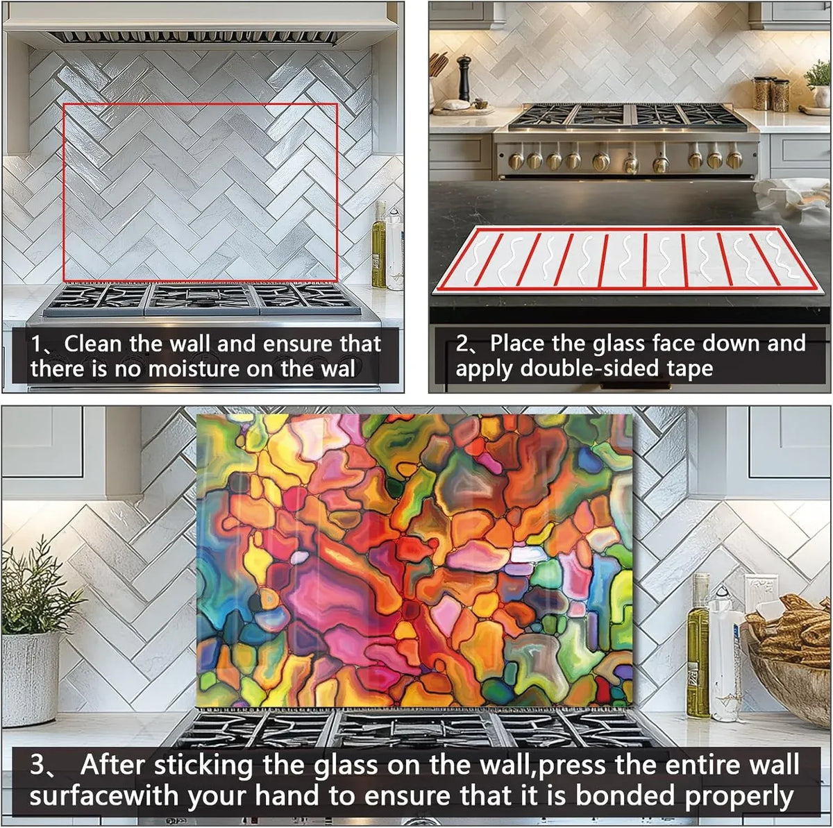 Tempered glass splashback installation steps - clean wall, apply tape, press firmly