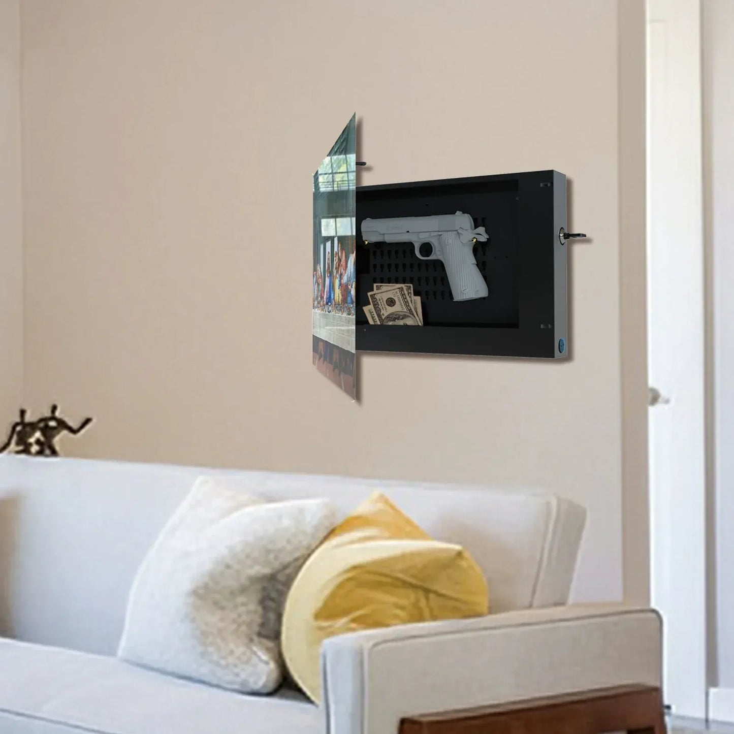 Wall-mounted Glass Last Supper handgun gun storage cabinet with hidden compartment holding handgun and cash