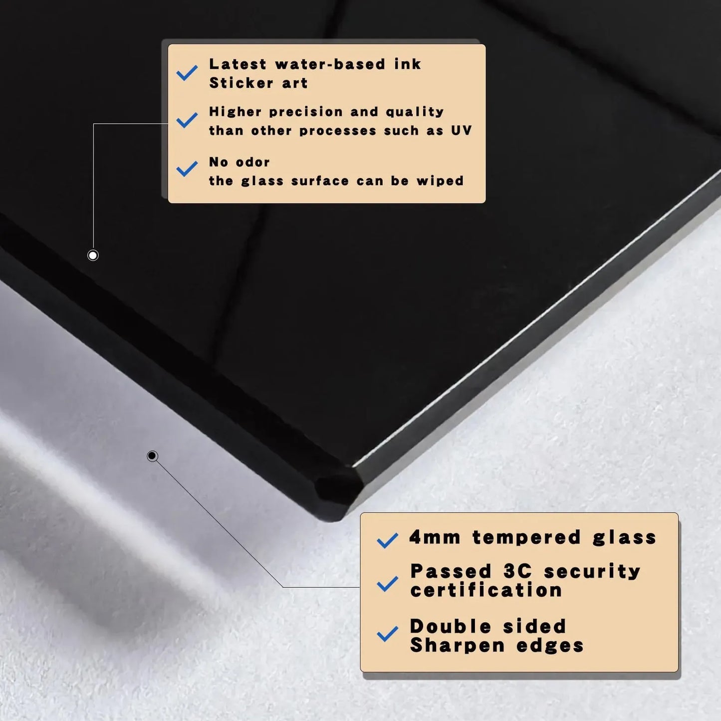 Tempered glass kitchen backsplash tech specs: water-based ink, 4mm thick, 3C certified - Unique Zone