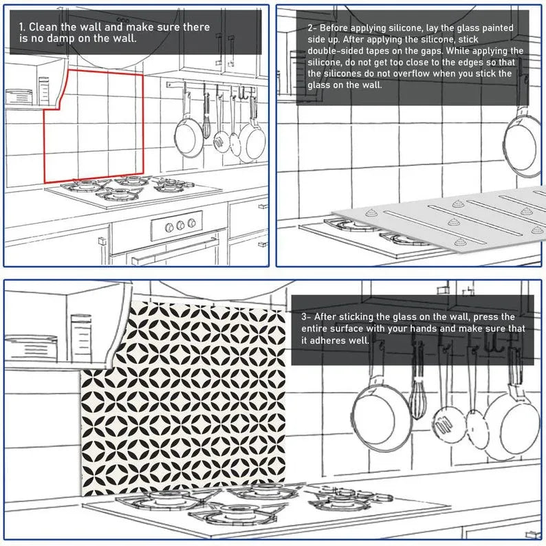 Spices Tempered Glass Stove Backsplash Installation Guide - Cleaning Wall, Applying Silicone, Pressing Glass