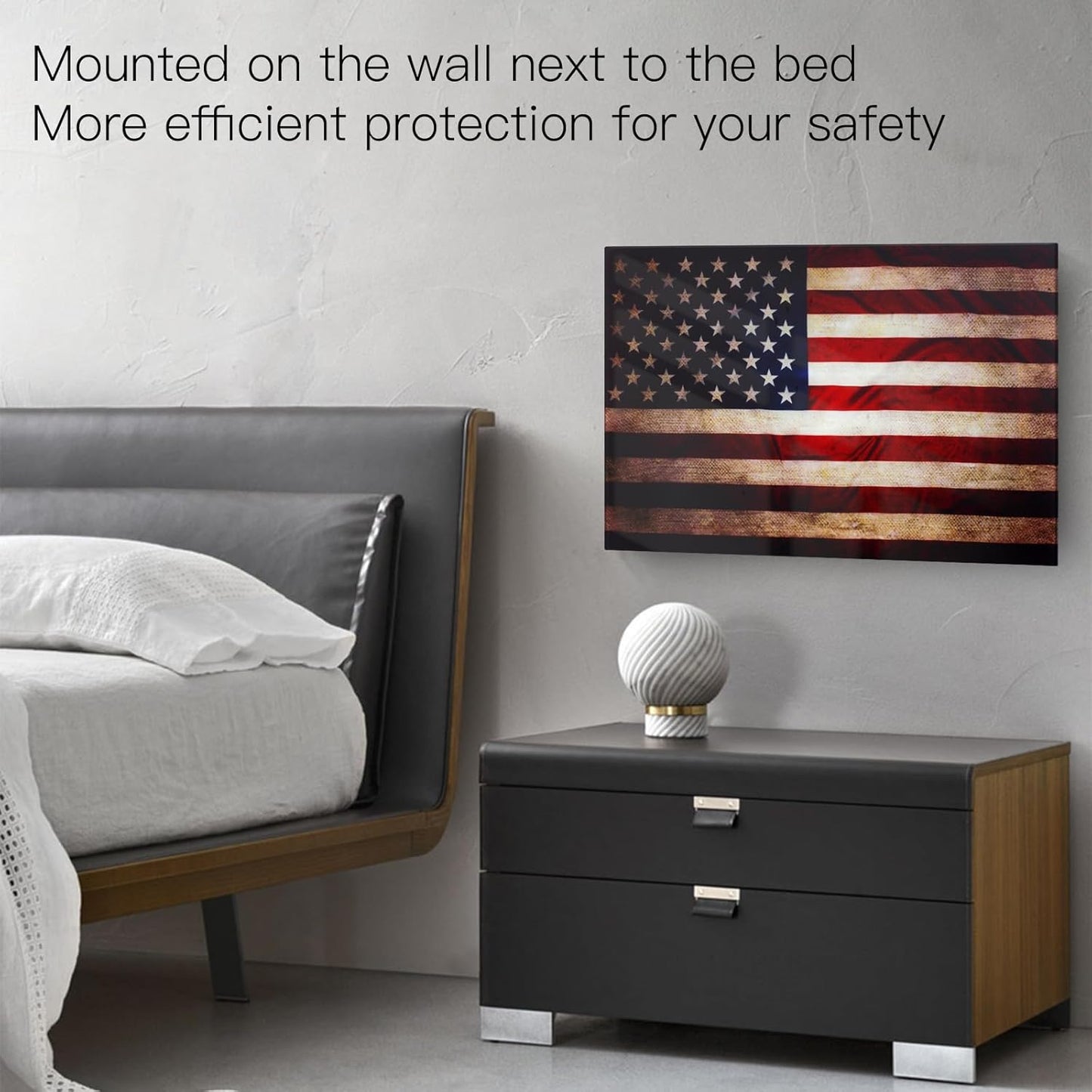 Glass Flag Gun Storage Cabinet mounted on bedroom wall for secure storage