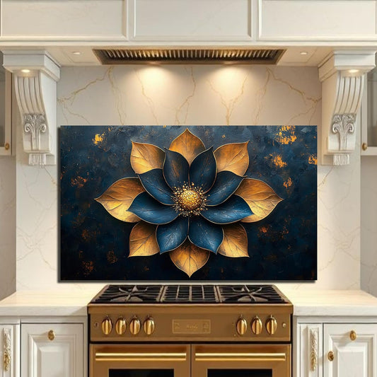 Blue Golden Flowers - Tempered Glass Backsplash for Kitchen