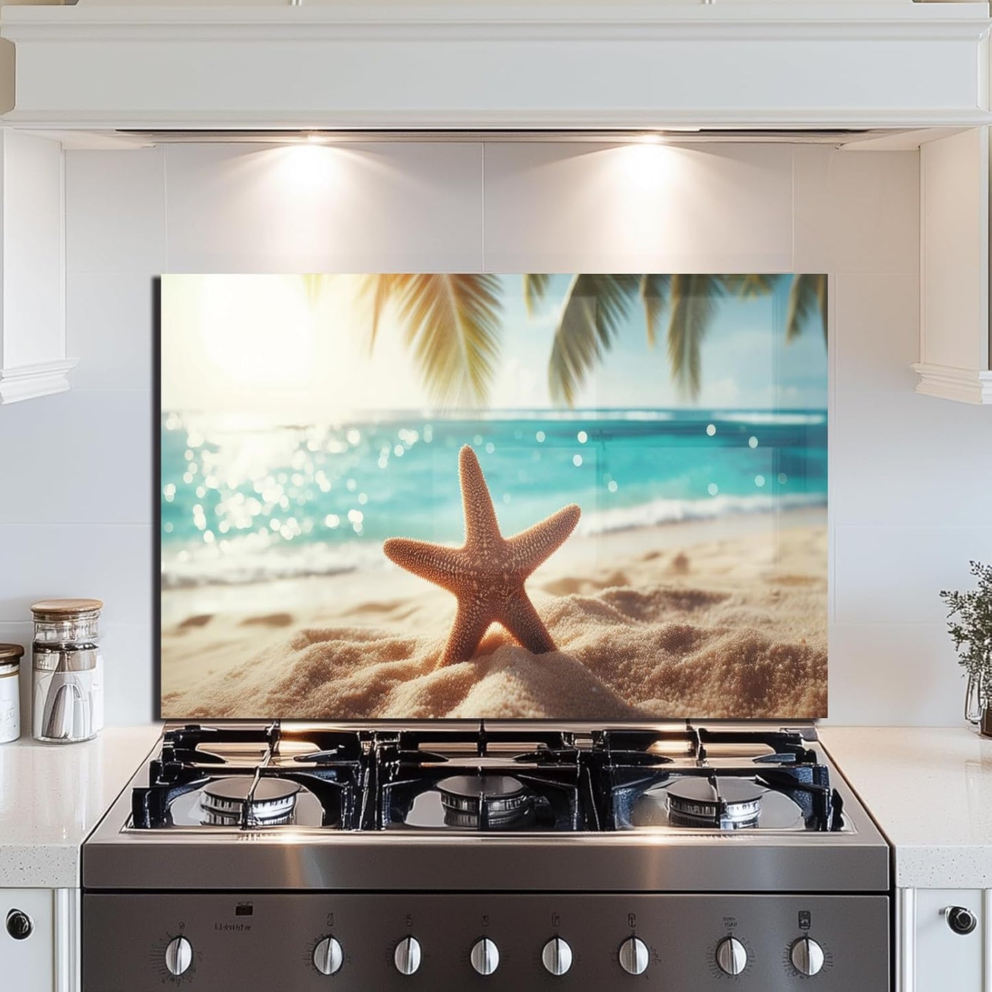 Beach Tempered Glass Kitchen Backsplash
