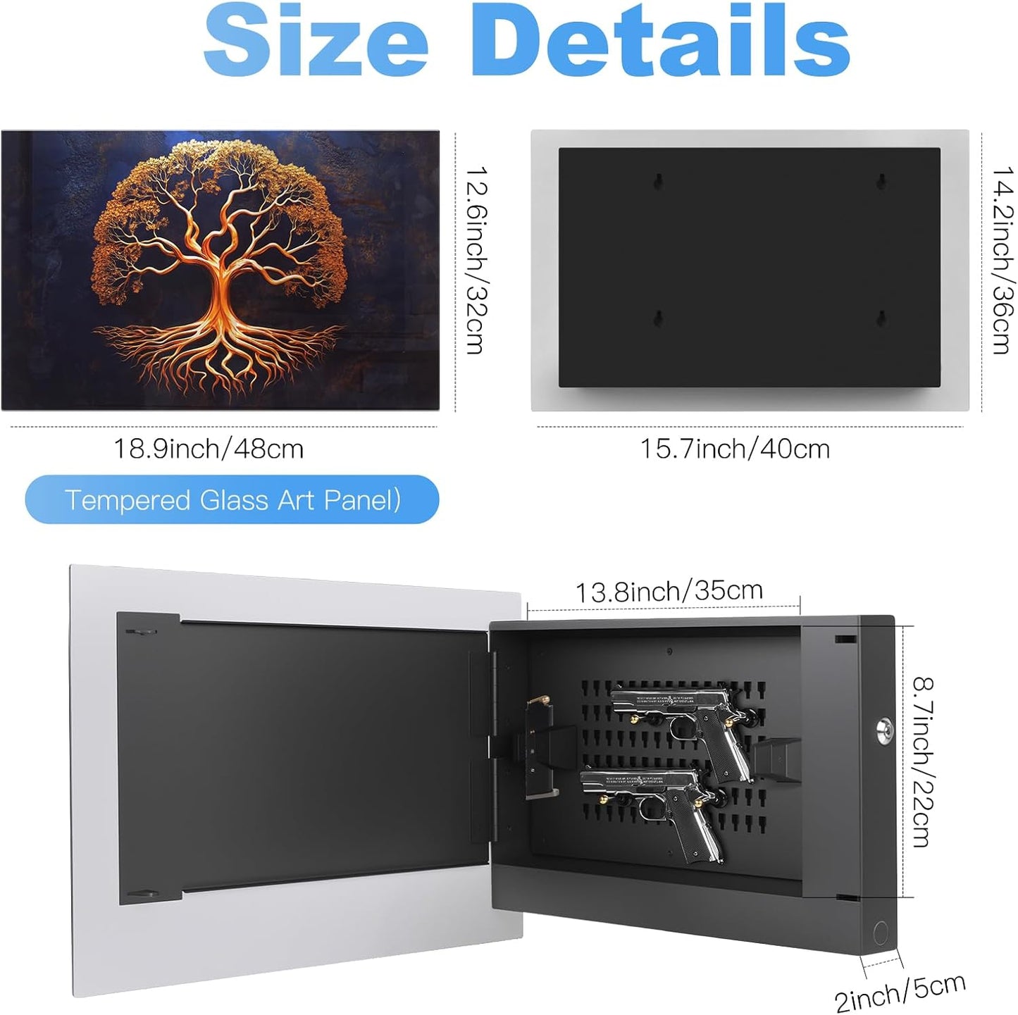 Modern Tree of Life Tempered Glass Handgun Safe - size details, interior handgun storage, tree of life art panel