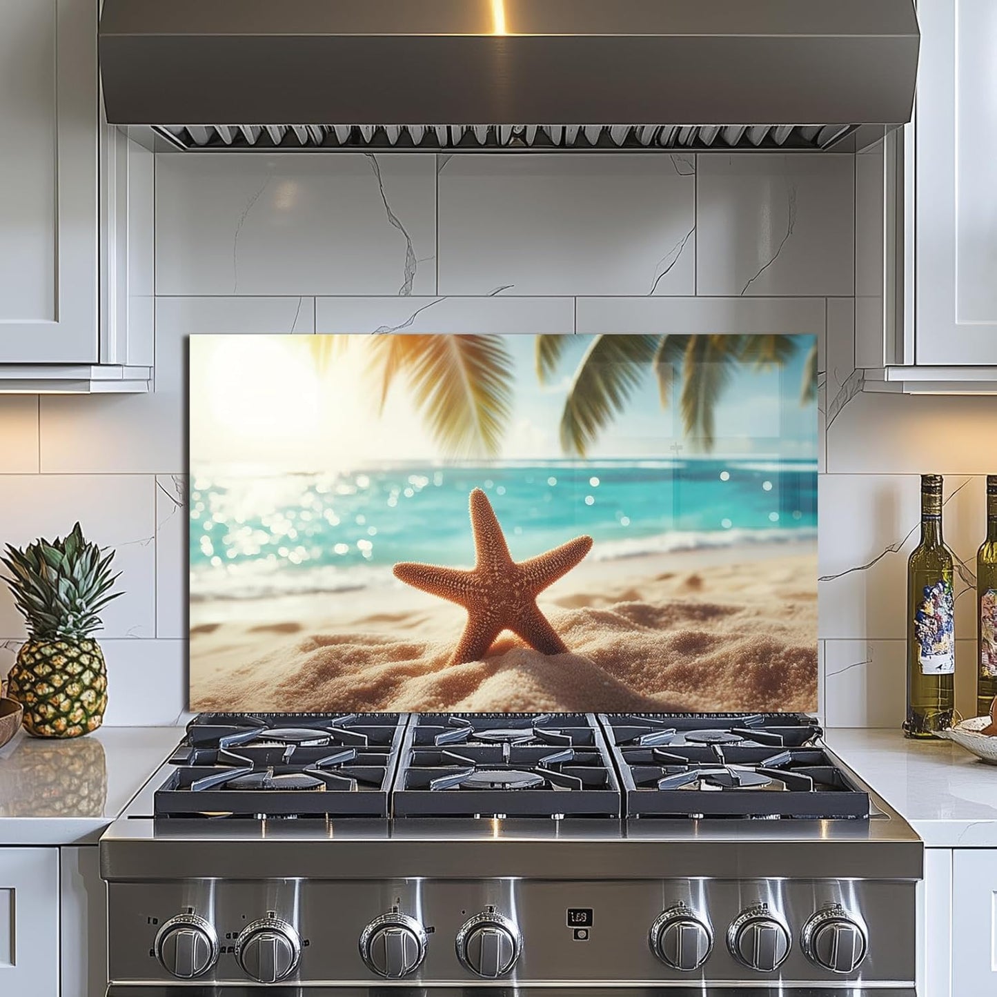 Beach Tempered Glass Kitchen Backsplash