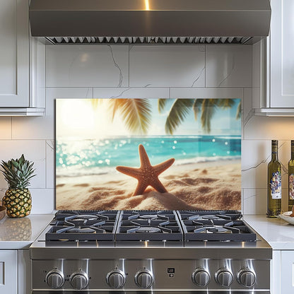 Beach Tempered Glass Kitchen Backsplash
