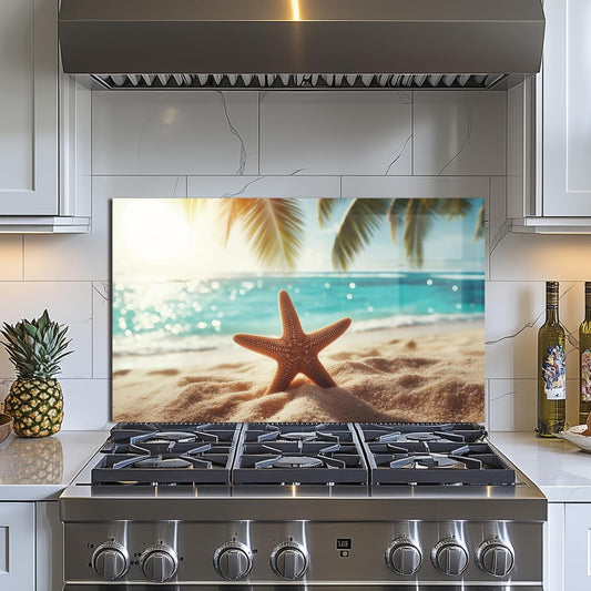Beach Tempered Glass Kitchen Backsplash