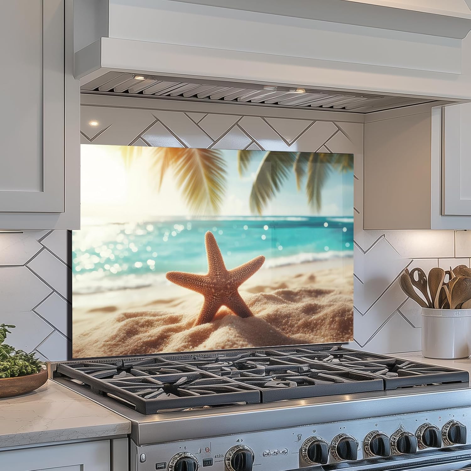 Coastal Beach Stove Splashback Glass Panel lifestyle view