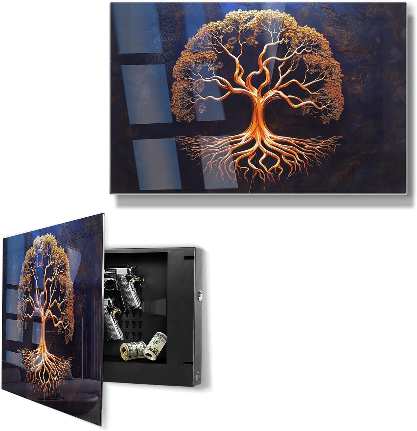 Modern Tree of Life Tempered Glass Handgun Safe - Wall-Mounted Gun & Valuables Storage