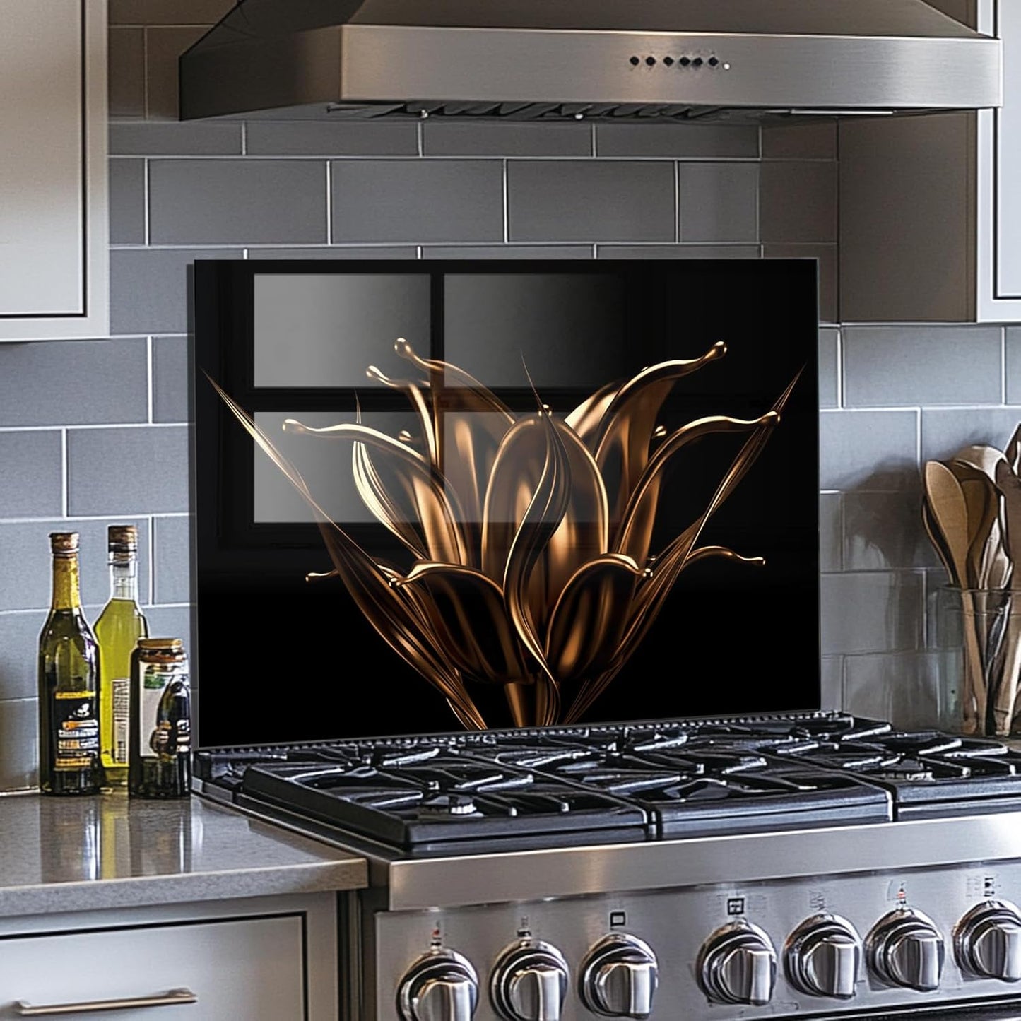 Golden Flowers -Tempered Glass Backsplash for Kitchen