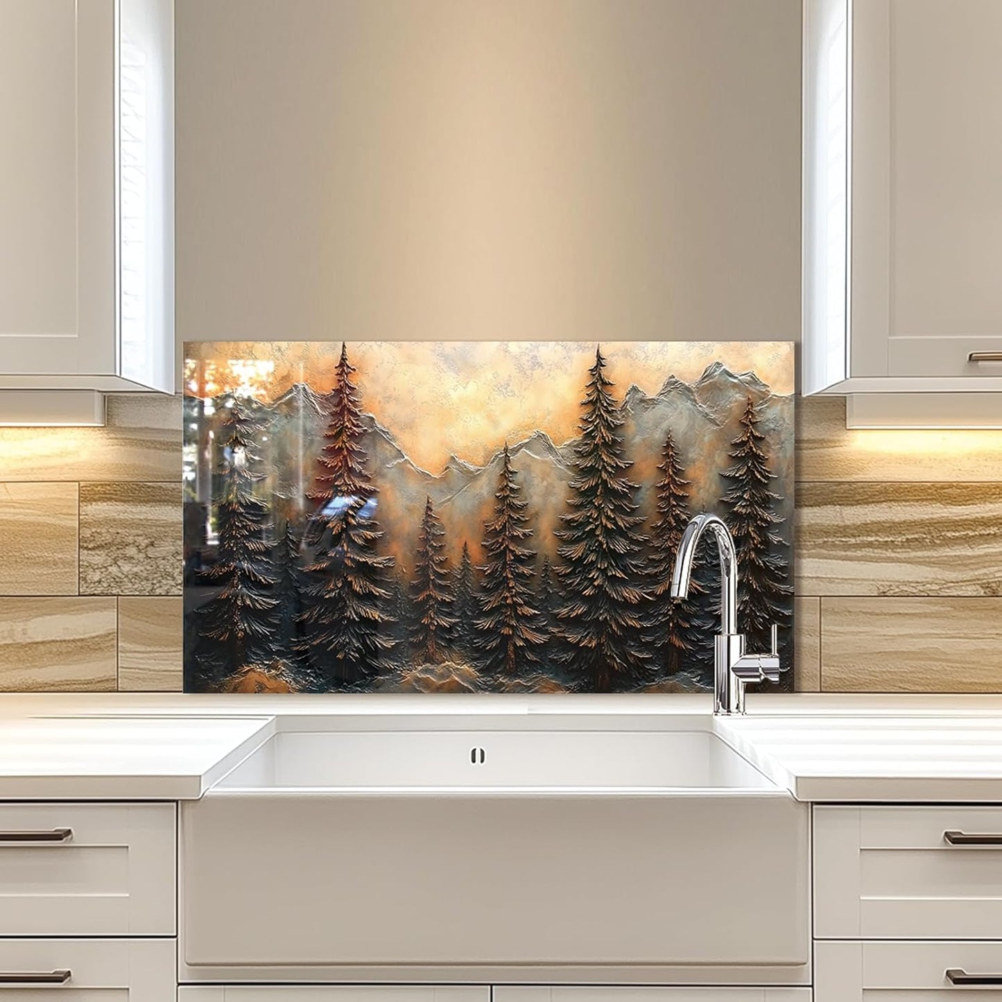 Tempered Glass 3D Pine Forest Kitchen Sink Cover Splash Guard