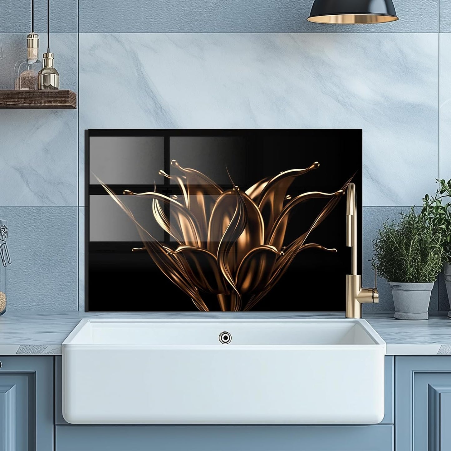 Golden Flowers -Tempered Glass Backsplash for Kitchen