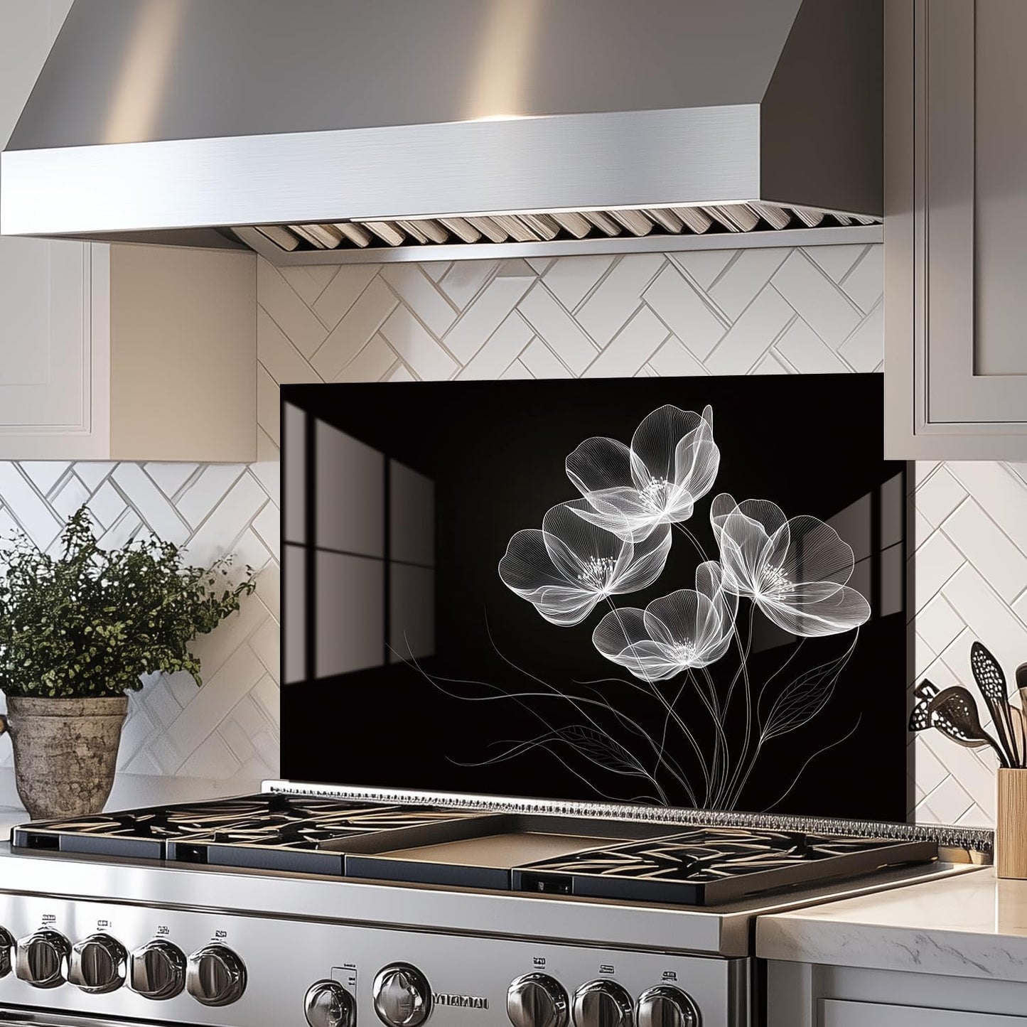 White Flower - Tempered Glass Backsplash for Kitchen