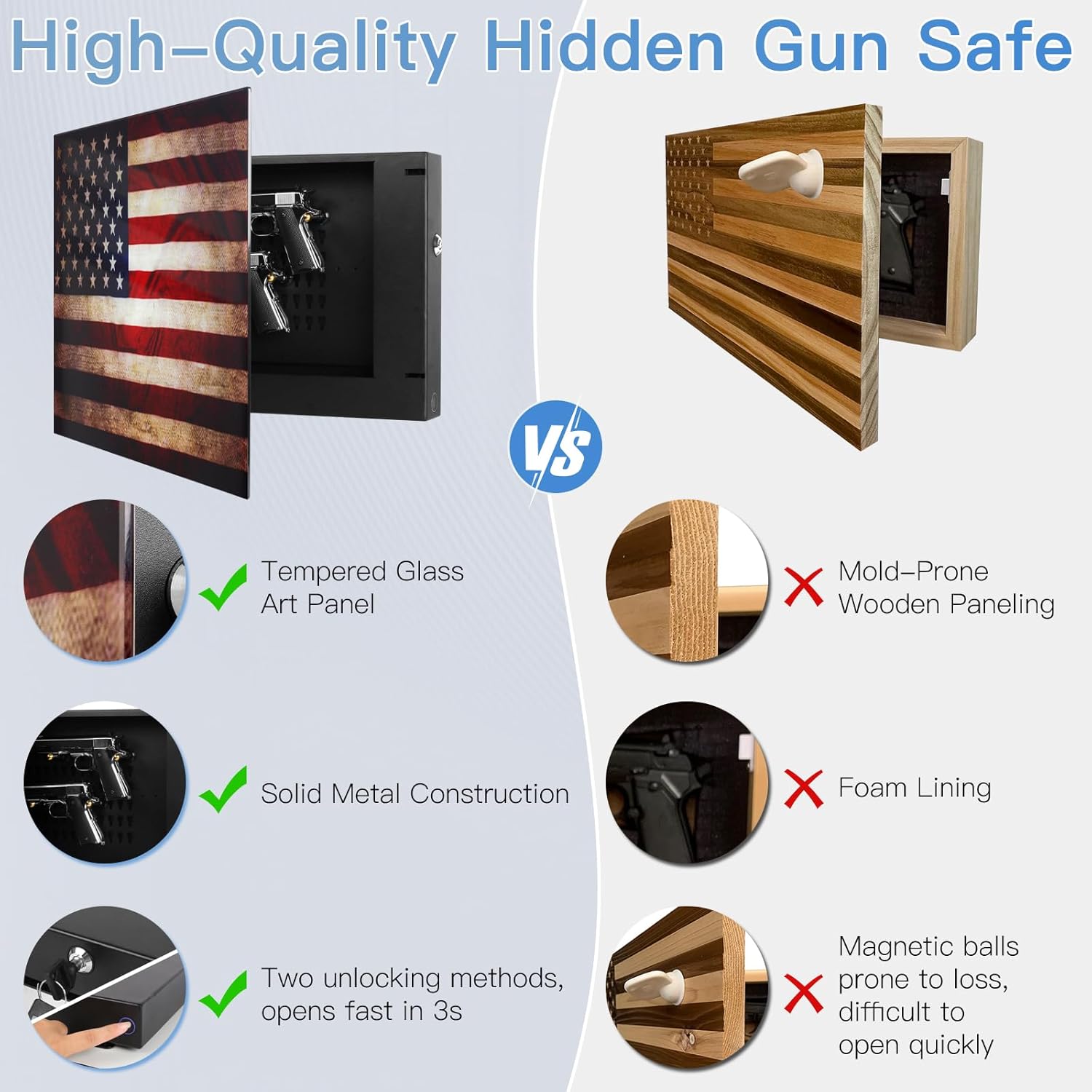 High-quality hidden gun safe with tempered glass, solid metal, dual unlock methods