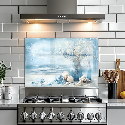 Blue Beach Tempered Glass Backsplash for Kitchen Behind Stove