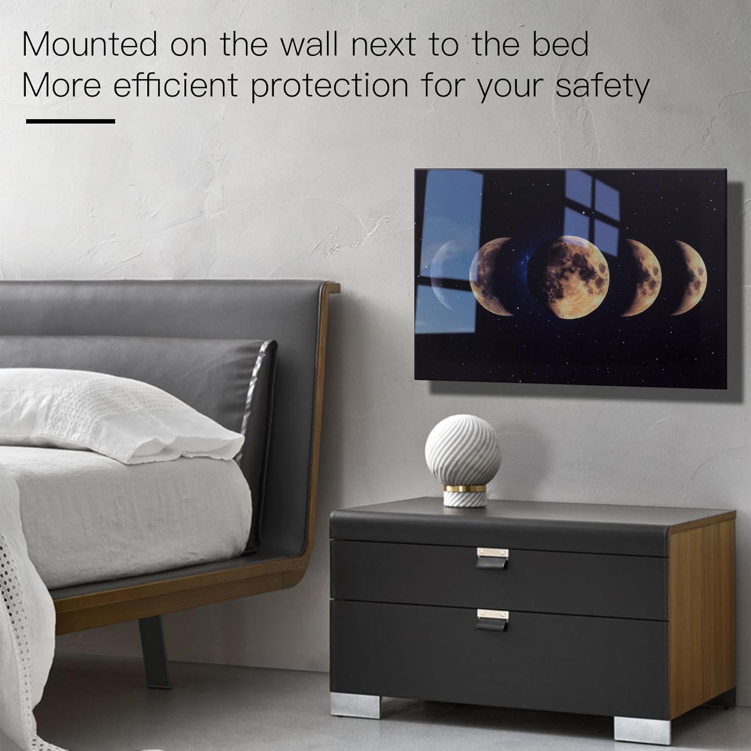 Glass Moon Gun Storage Cabinet mounted beside bed for discreet home safety storage