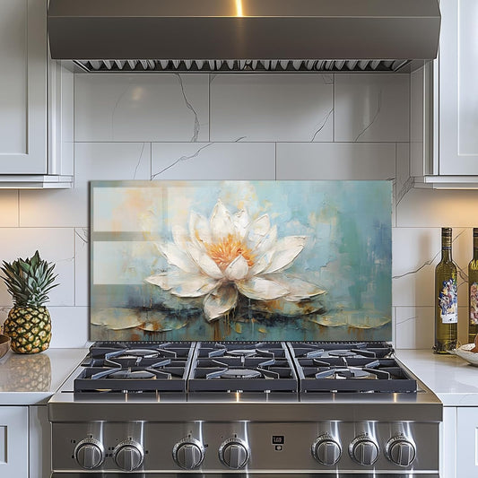 Pure White Lotus - Tempered Glass Backsplash for Kitchen