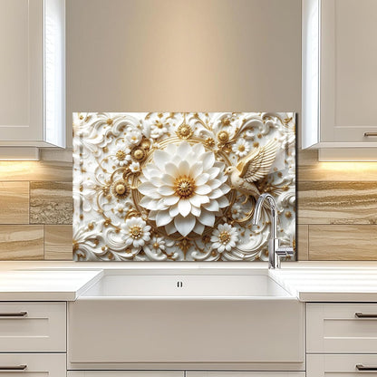 3D Platinum Flowers and Birds - Tempered Glass Backsplash for Kitchen