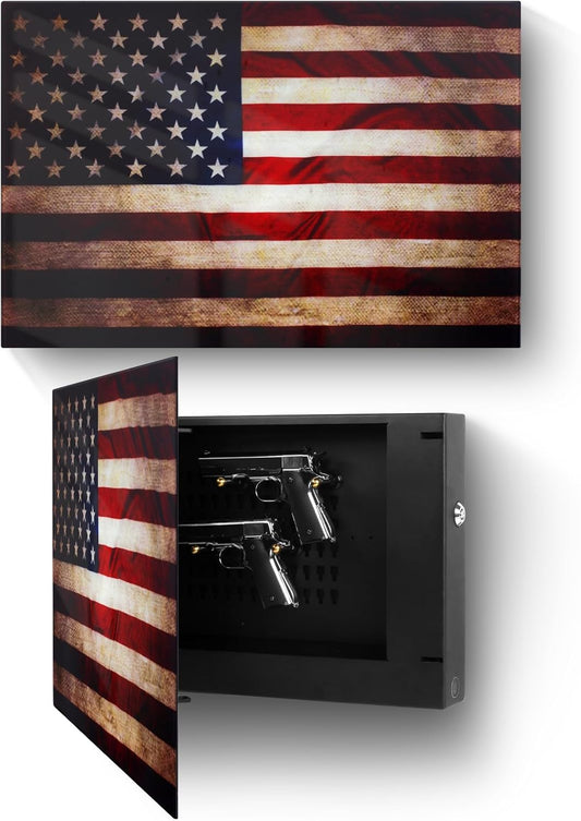 Vintage American Flag Design Glass Gun Storage Cabinet Open Door Holding Two Pistols