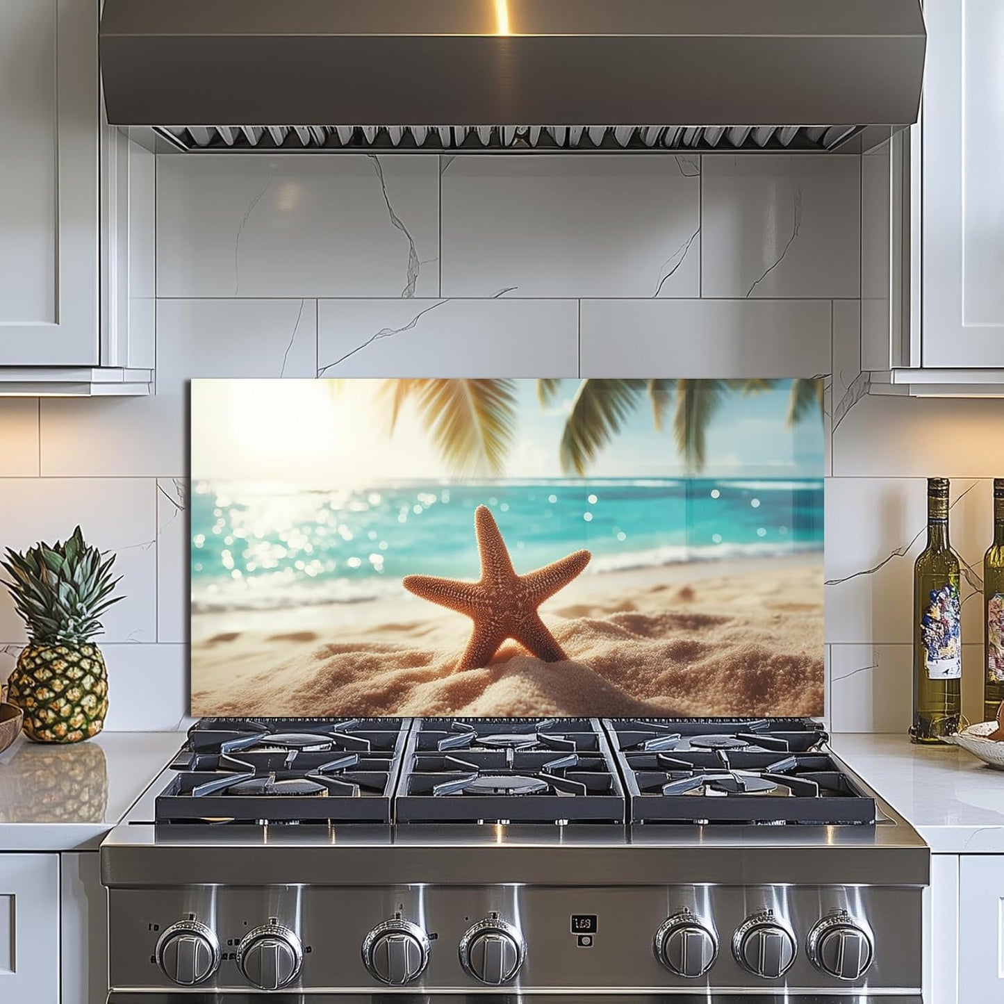 Beach Tempered Glass Kitchen Backsplash