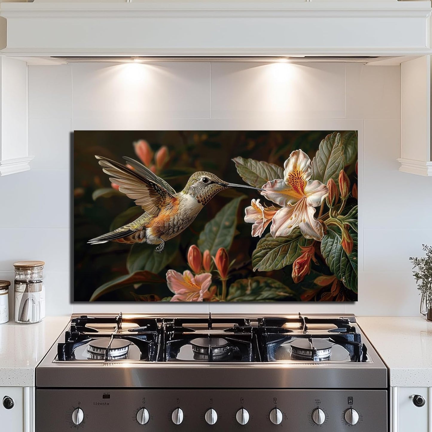Tempered Glass Backsplash for Kitchen, Stove Splashback, Hummingbird Glass Backsplash, Easy to Install and Clean, Used for Kitchen Wall Protection and Decoration.