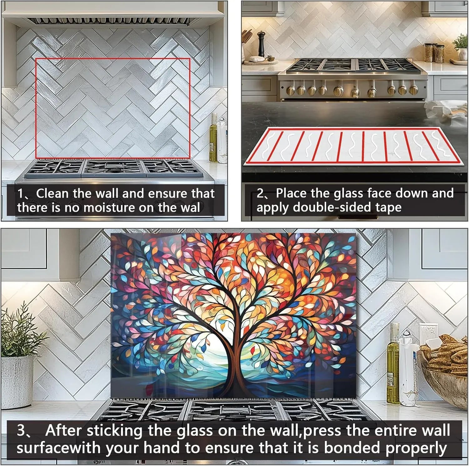 Tree of Life Tempered Glass Backsplash Installation Steps: Clean wall, apply tape, press firmly
