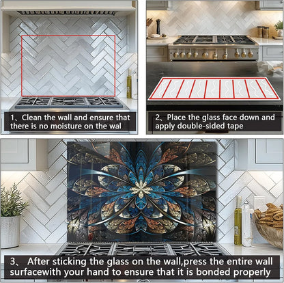 Installation guide for abstract fractal flower stove back top cover showing cleaning, taping, pressing steps
