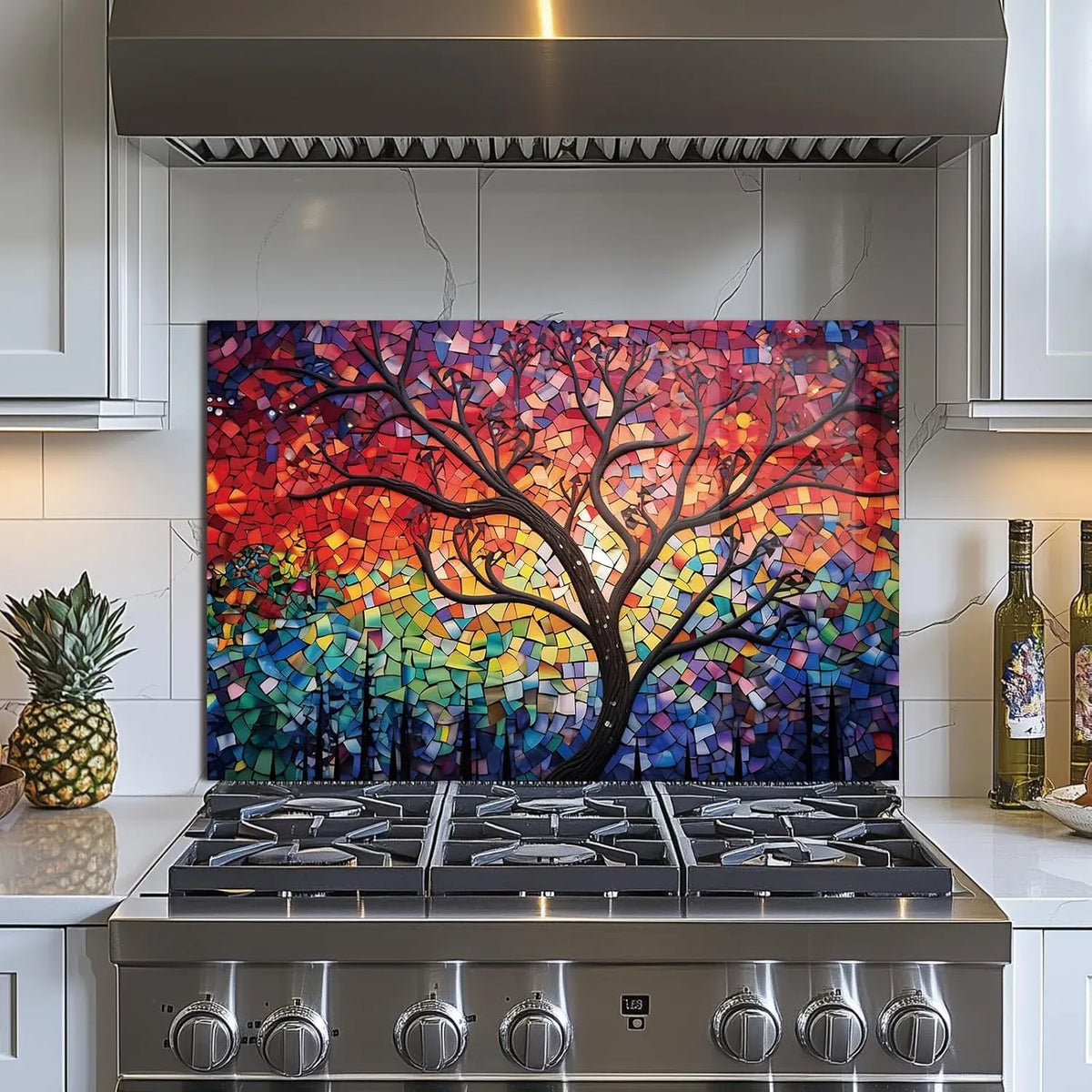 Installed Sun Tree Glass Backsplash with Colorful Tree Design on Kitchen Wall