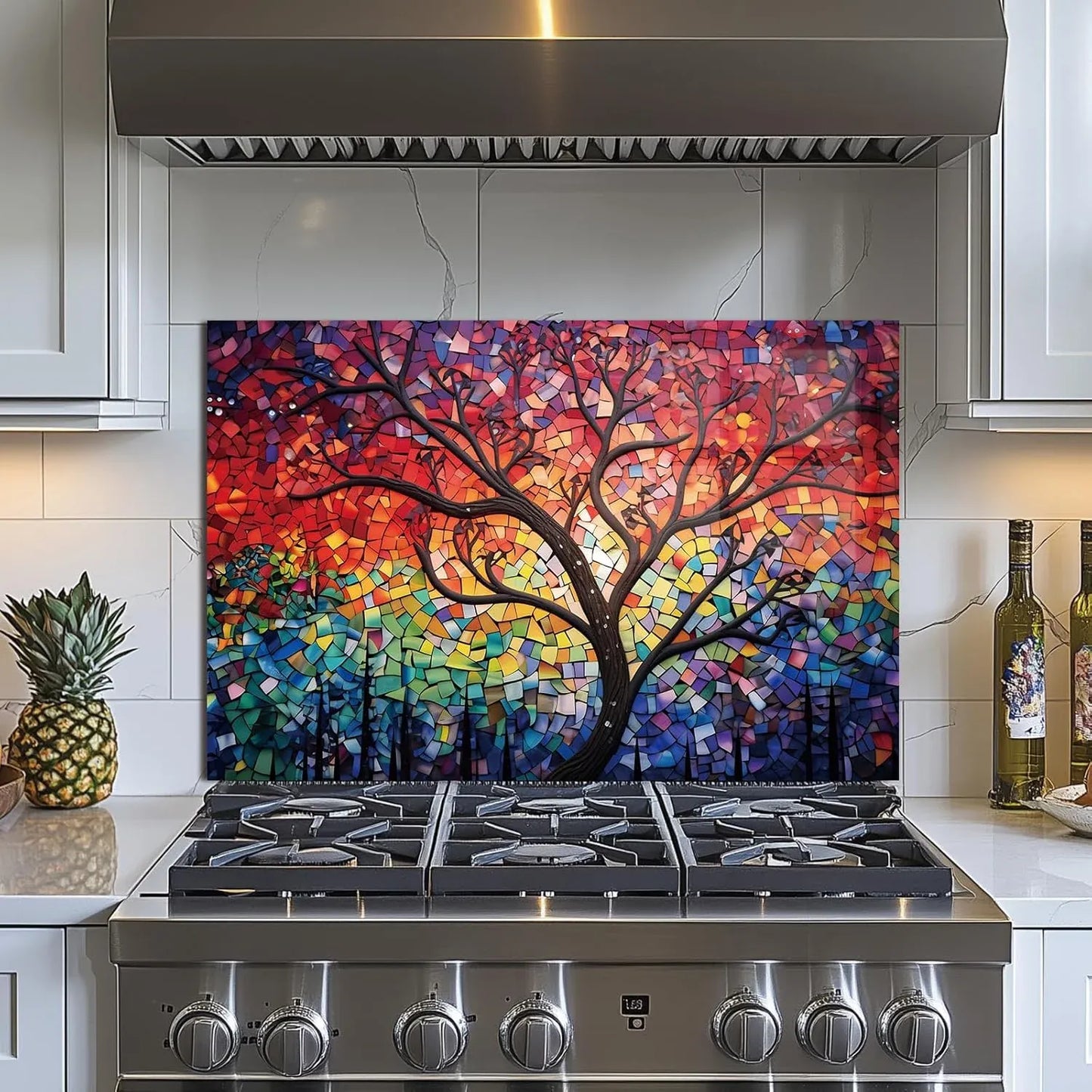 Installed Sun Tree Glass Backsplash with Colorful Tree Design on Kitchen Wall