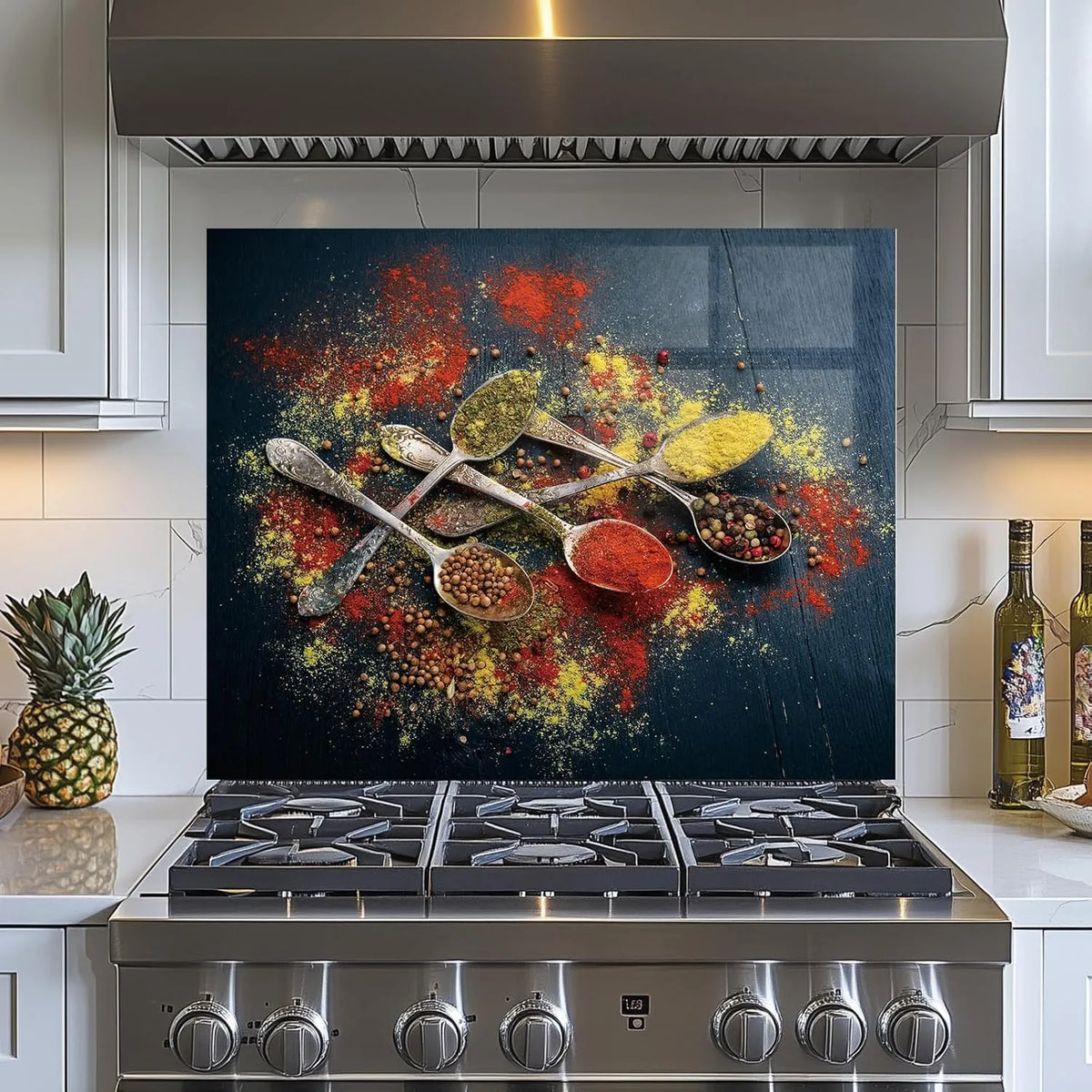 Spice Tempered Glass Kitchen Backsplash with Colorful Spoons Design