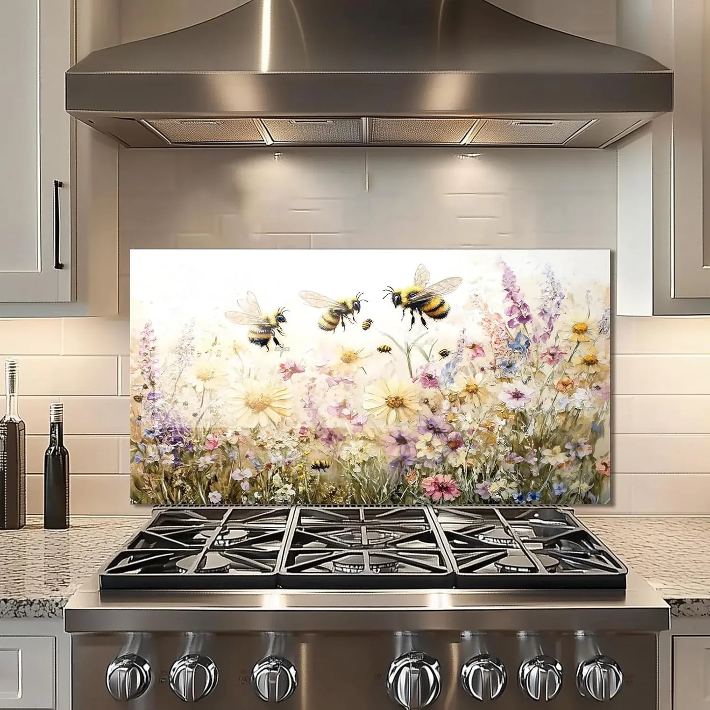 Bees in flowers tempered glass kitchen backsplash installed above stove - Unique Zone