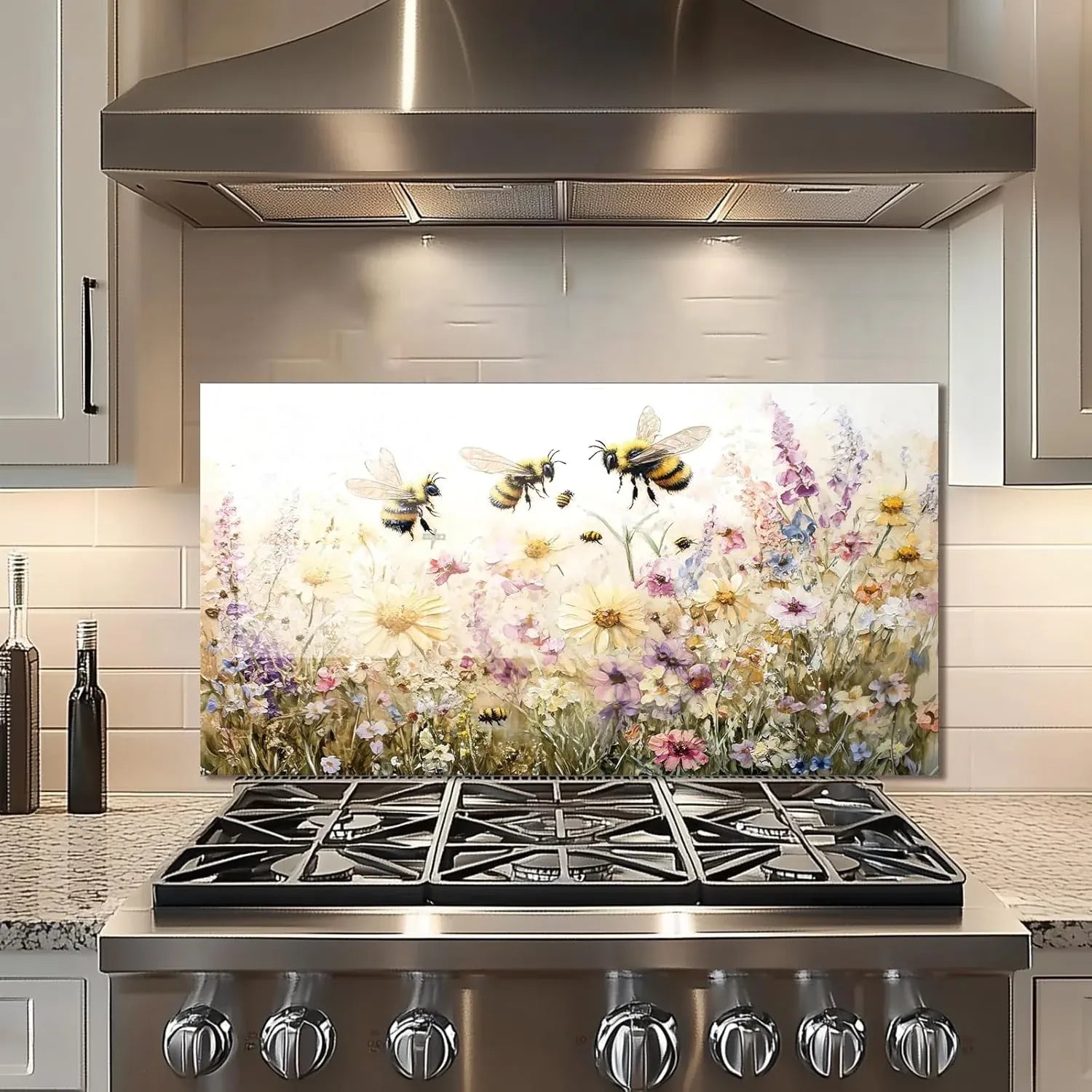 Bees in flowers tempered glass kitchen backsplash installed above stove - Unique Zone